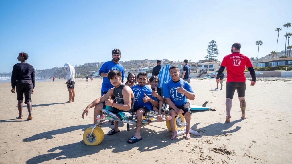 Surf Education Academy and Challenged Athletes Foundation team up and host a surfing event for adaptive surfers and adaptive surfing event held at La Jolla Shores