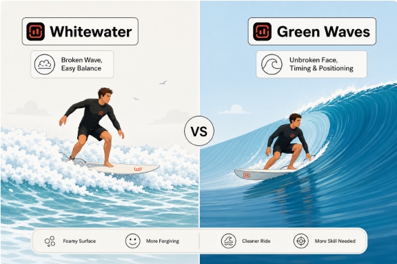 white water waves versus green face waves. The difference is white water waves, the wave has crashed and broken. Easier for beginners and Green face waves are unbroken waves that require more skills